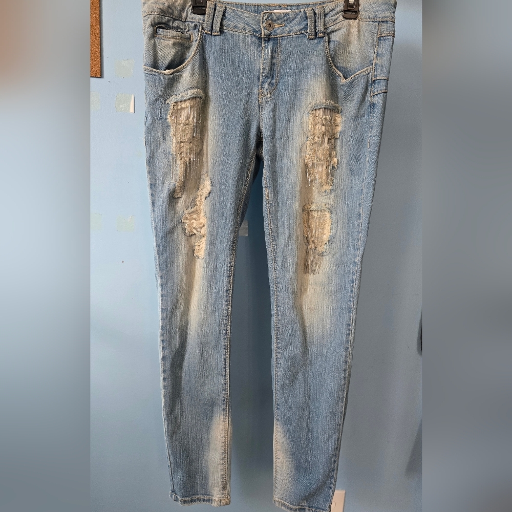 BONGO Light Blue Distressed Women's Juniors Skinny Jeans Sparkle Fringe Sz 13